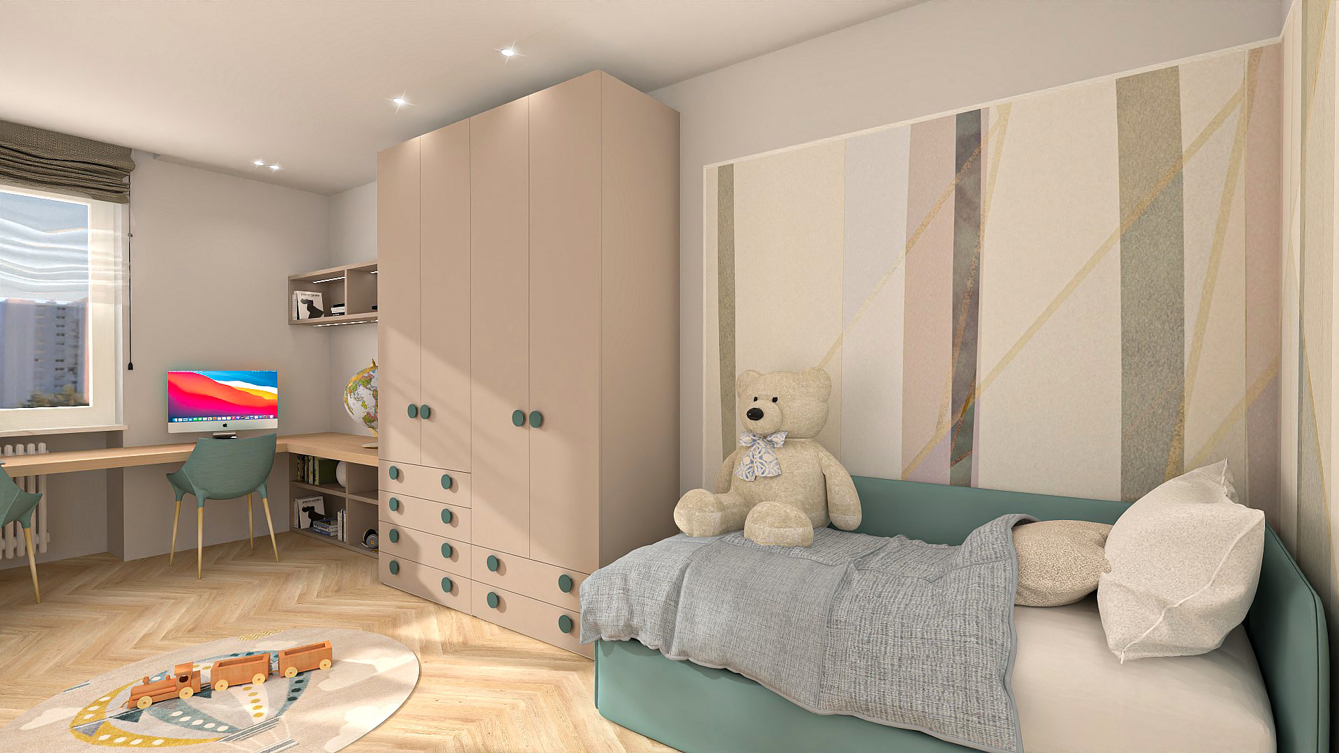 Render Cameretta letto singolo e zona studio